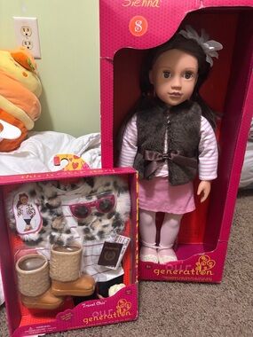 SET!! Our Generation Sienna Doll in Pink Outfit with Brown Faux-Fur Vest Outfit